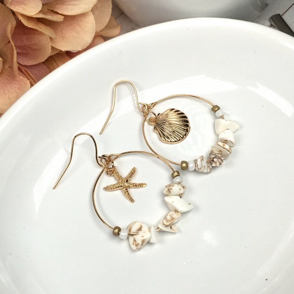 Seashell Bead Hoop Dangle Earrings - Picture 8 of 10